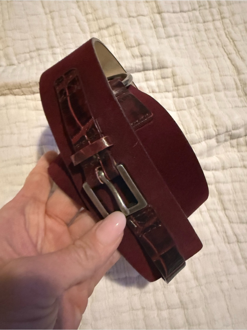 Suede Croc Embossed Burgundy Leather Belt with Silver Buckle EUC 1510